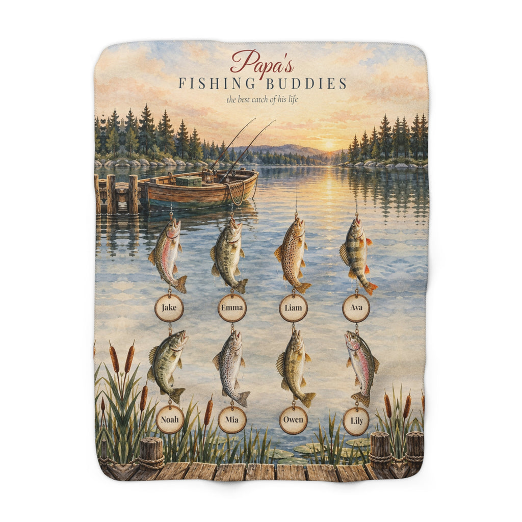 Papa's Fishing Buddies Personalized Blanket - Grandkids Names Sherpa Throw