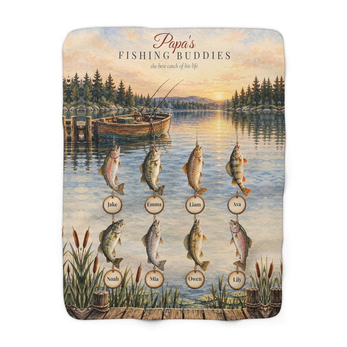 Papa's Fishing Buddies Personalized Blanket - Grandkids Names Sherpa Throw