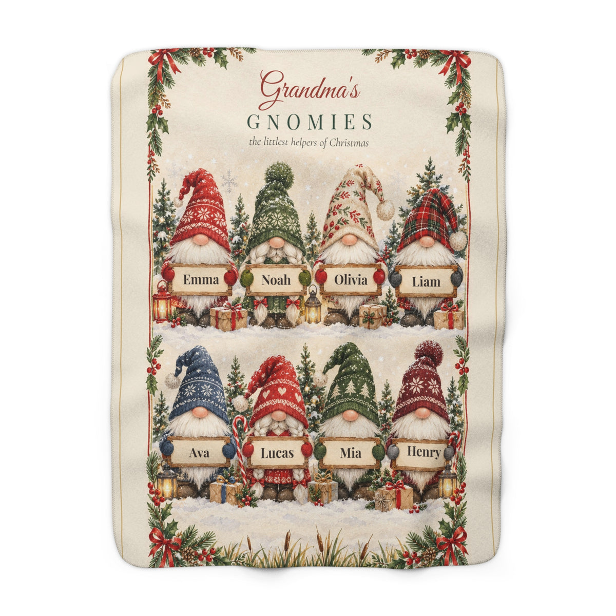 Grandma's Gnomies Personalized Christmas Blanket - Grandkids Names Sherpa Throw