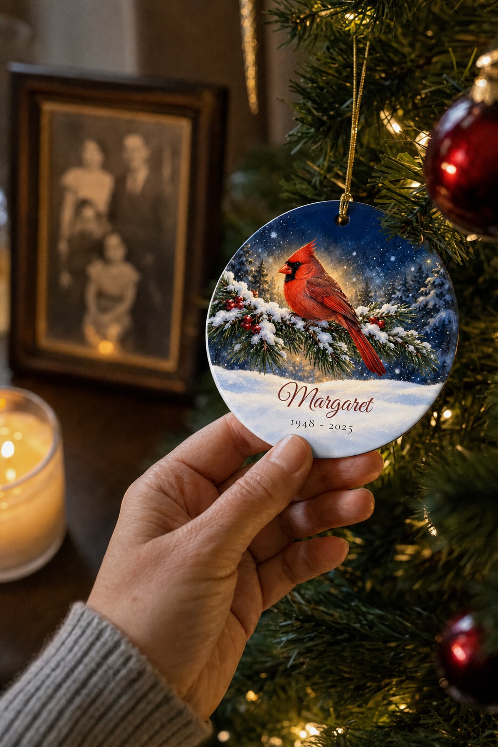 Personalized cardinal memorial ornament hanging on a Christmas tree beside a candle