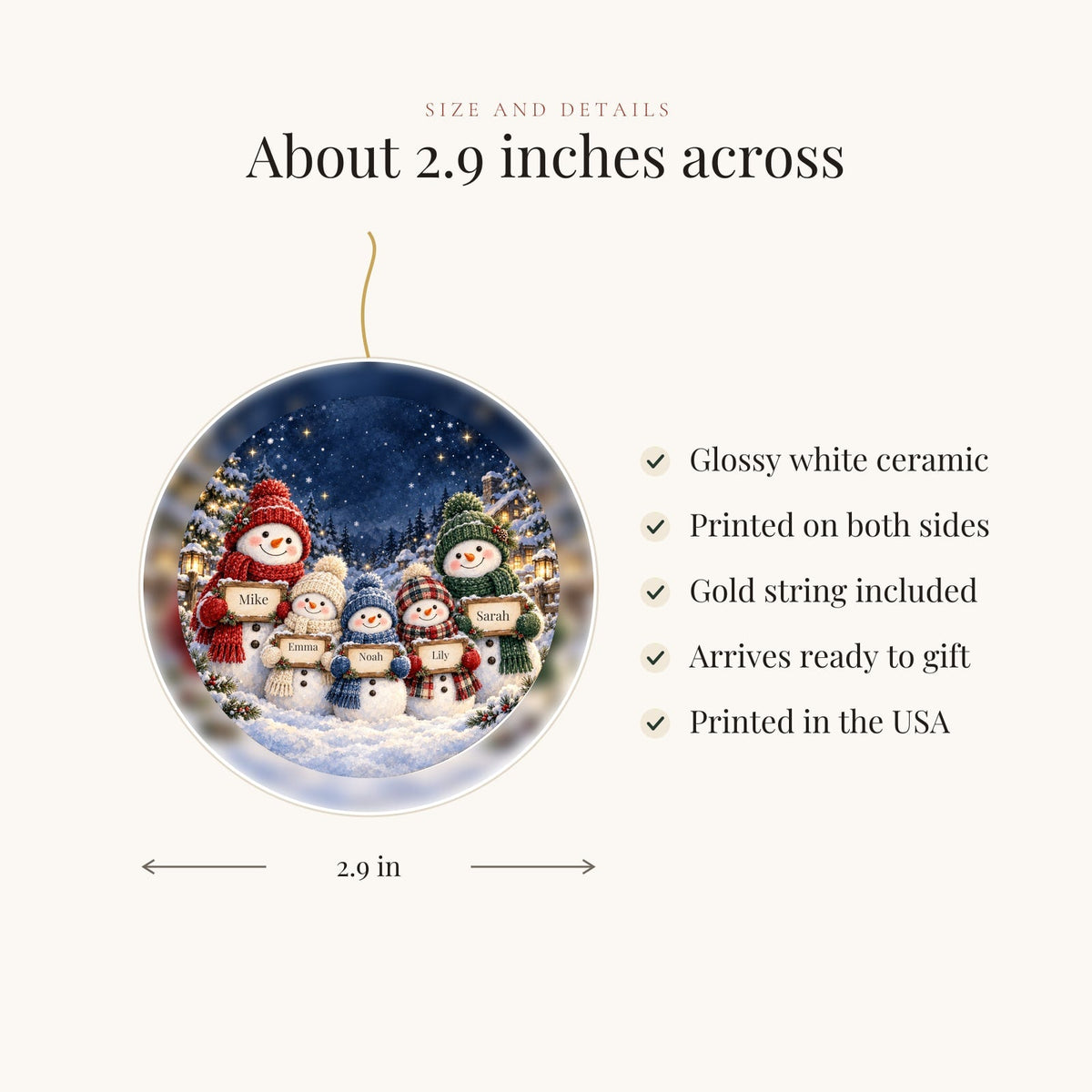 Ornament size: about 2.9 inches, glossy ceramic, printed on both sides