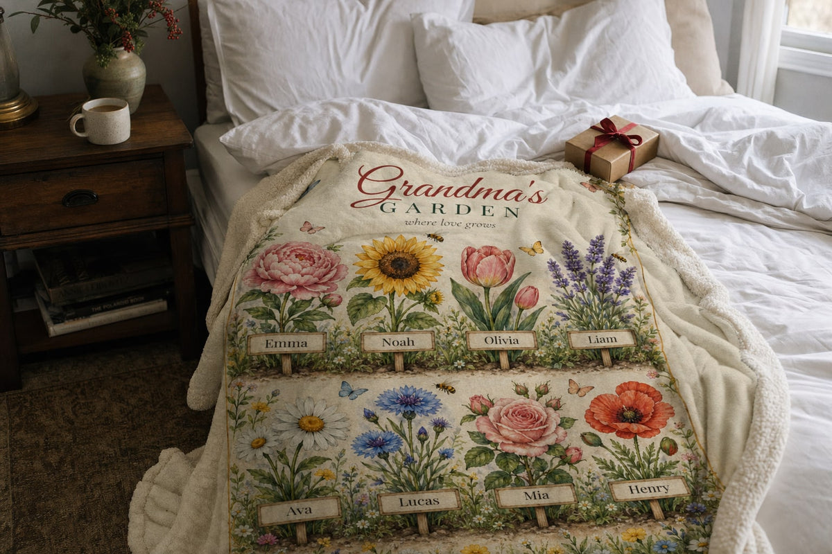 Grandma's Garden personalized sherpa blanket on a bed