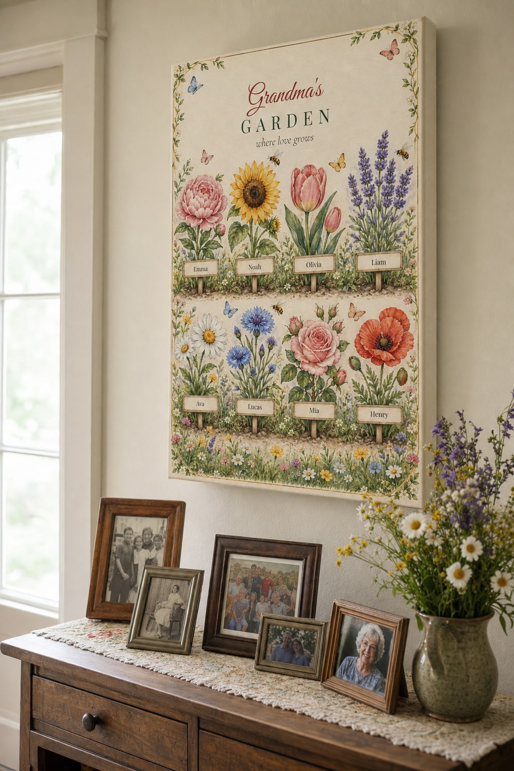Grandma's Garden personalized canvas hanging in a hallway