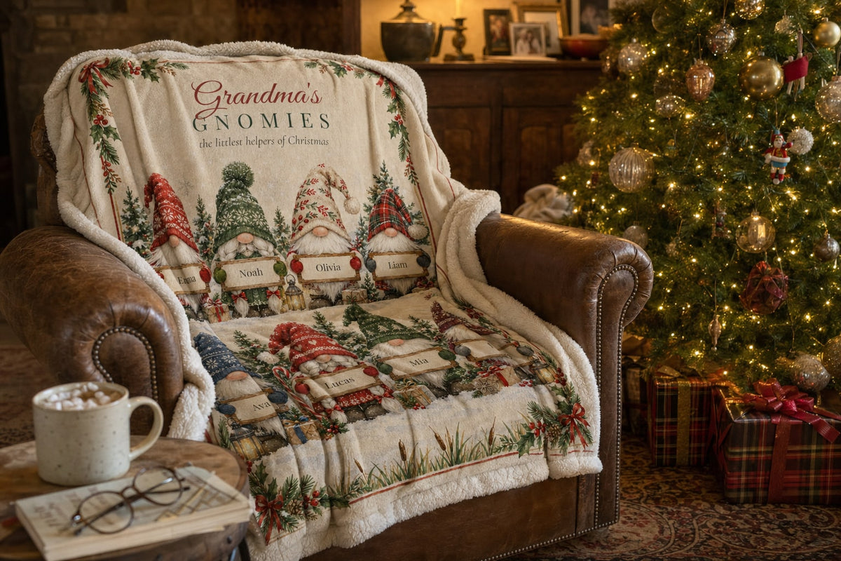 Grandma's Gnomies personalized blanket draped on an armchair by the Christmas tree