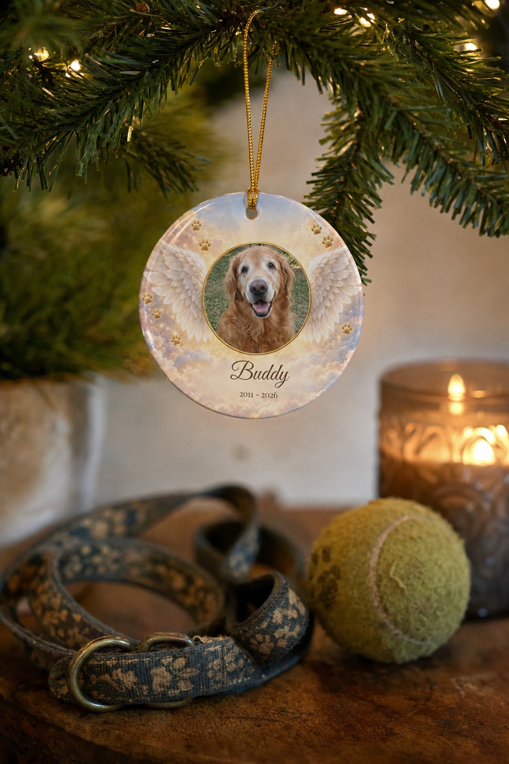 Pet memorial photo ornament on a Christmas tree with a leash and ball below