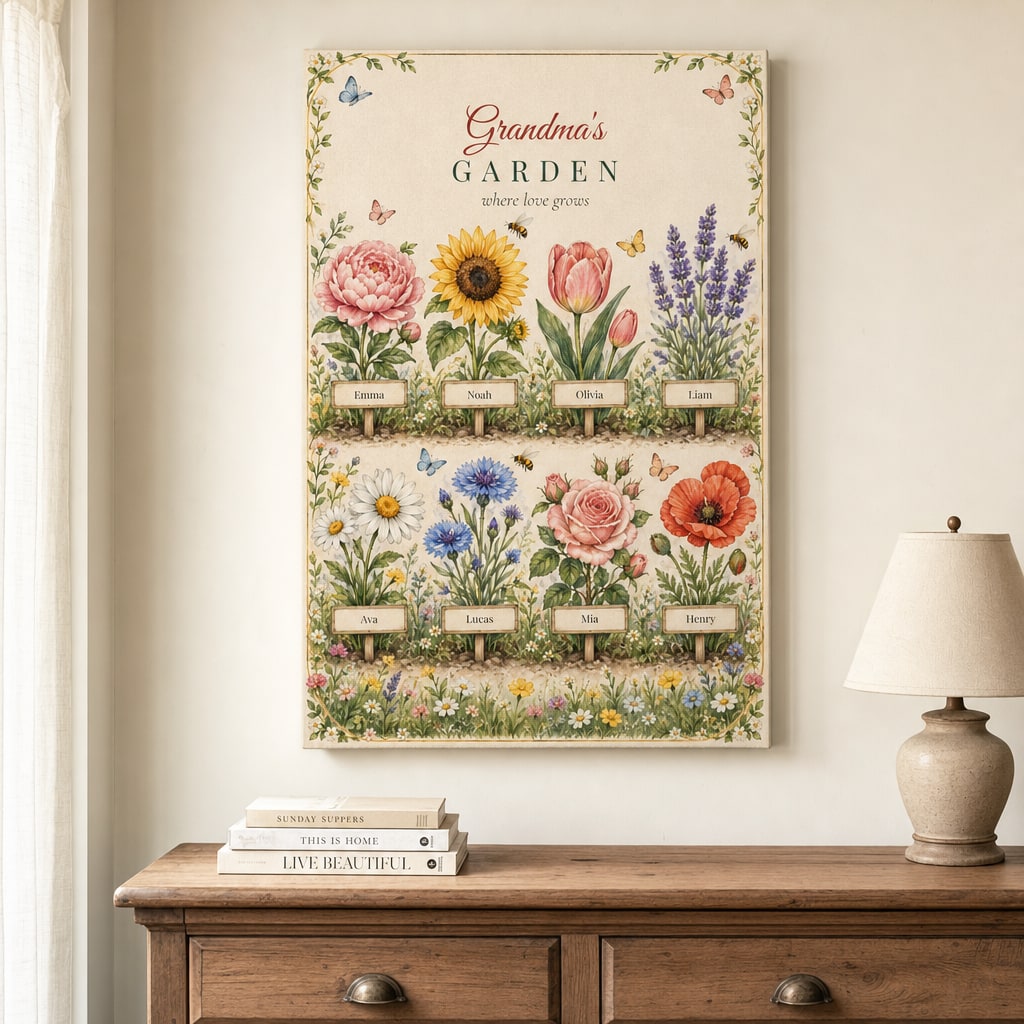 Grandma's Garden personalized canvas on a wall above a dresser