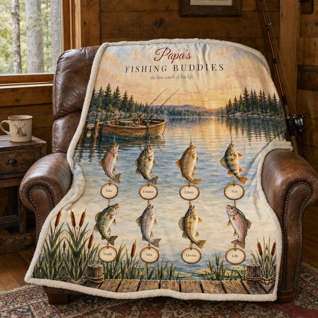 Papa's Fishing Buddies personalized blanket on a cabin recliner