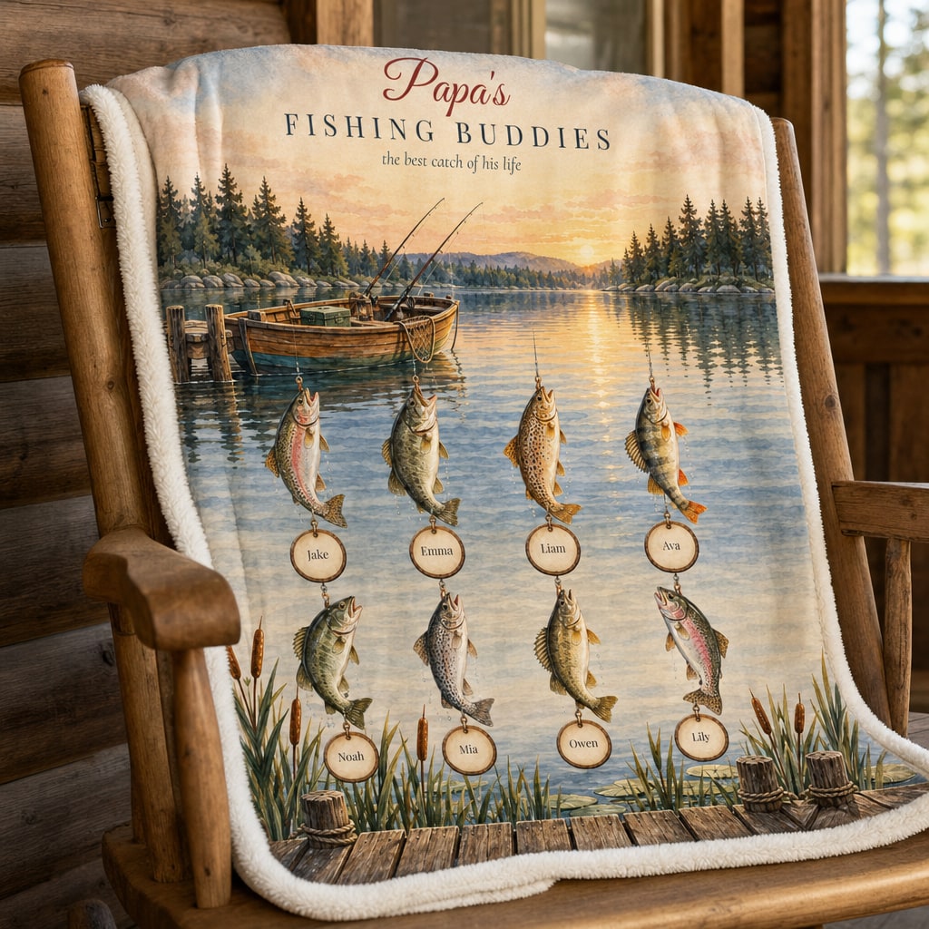 Papa's Fishing Buddies blanket on a rocking chair, fish name tags up close
