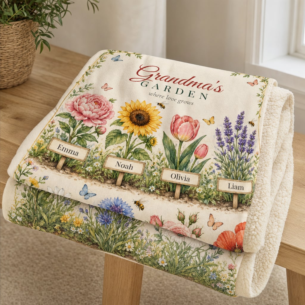 Close-up of the grandkids names on the garden signs and the sherpa edge