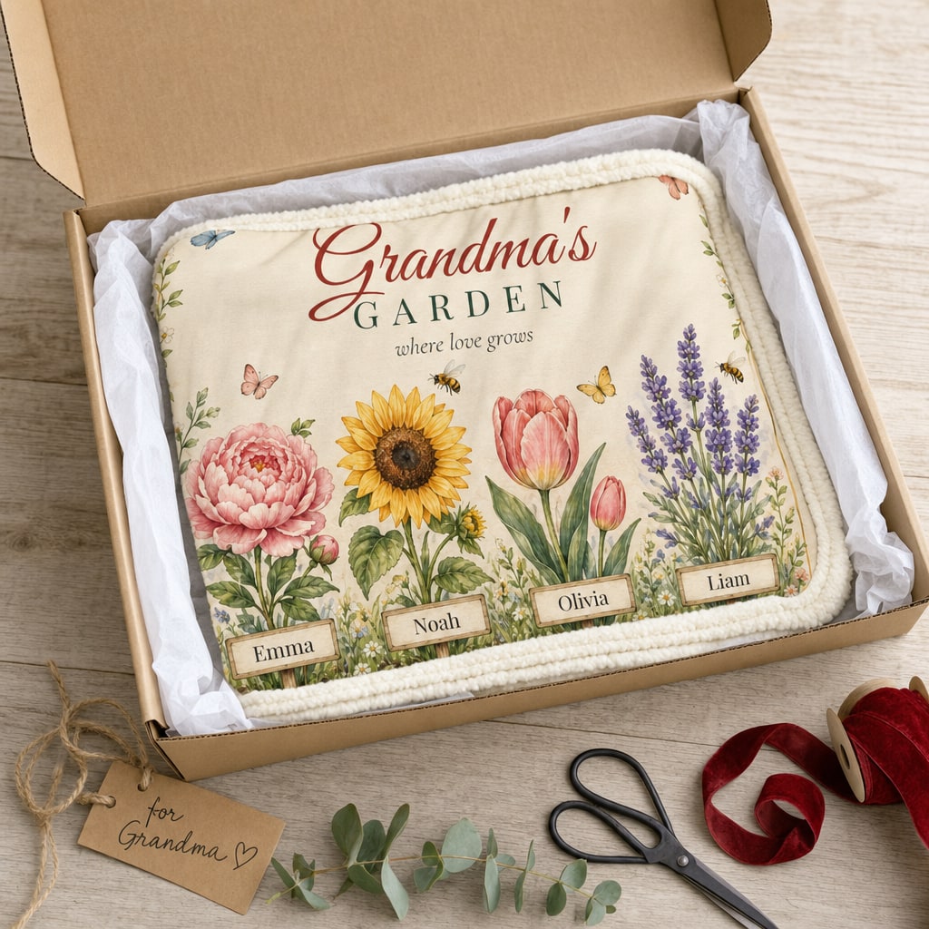 Grandma's Garden blanket folded in a gift box