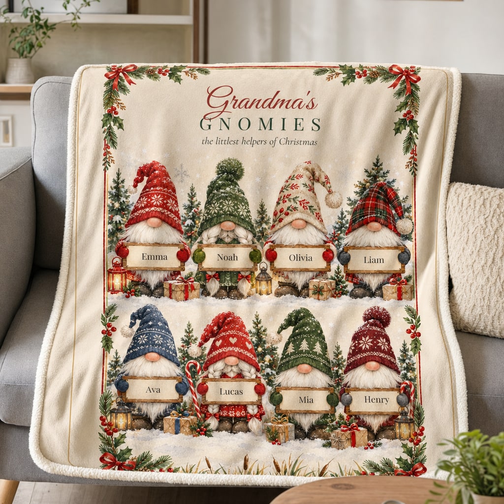 Grandma's Gnomies personalized blanket on a sofa