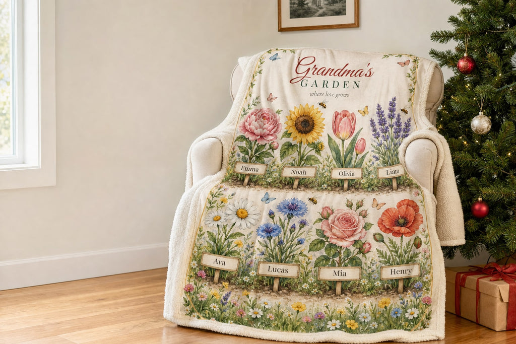 Grandma's Garden personalized sherpa blanket draped on an armchair by the Christmas tree