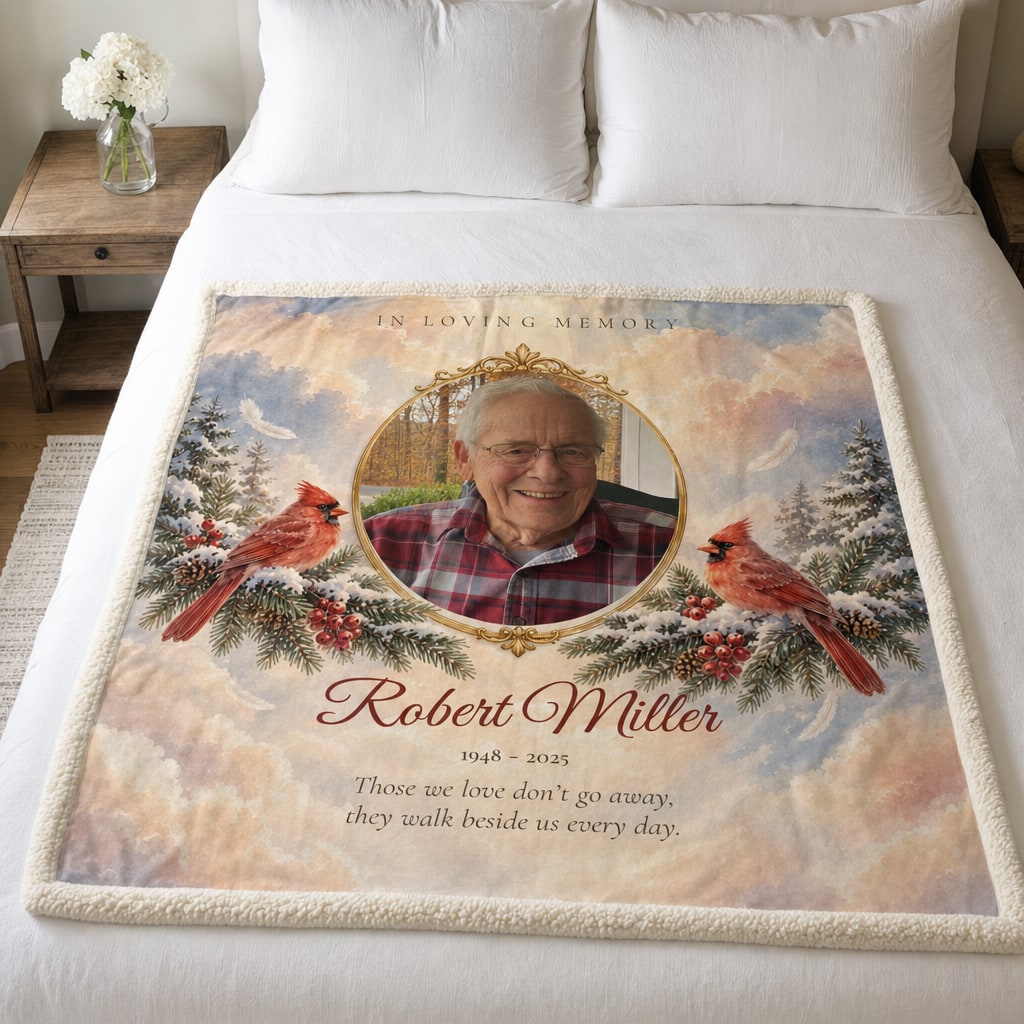 In Loving Memory personalized photo blanket on a bed