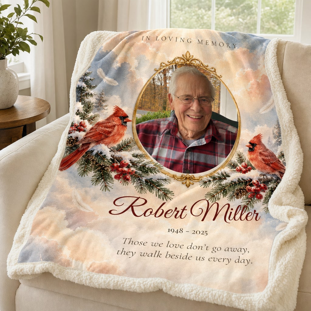In Loving Memory photo blanket folded on a sofa