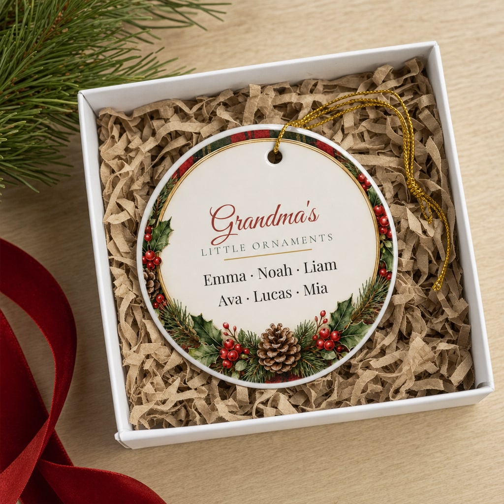 Grandma's Little Ornaments personalized ornament in a gift box
