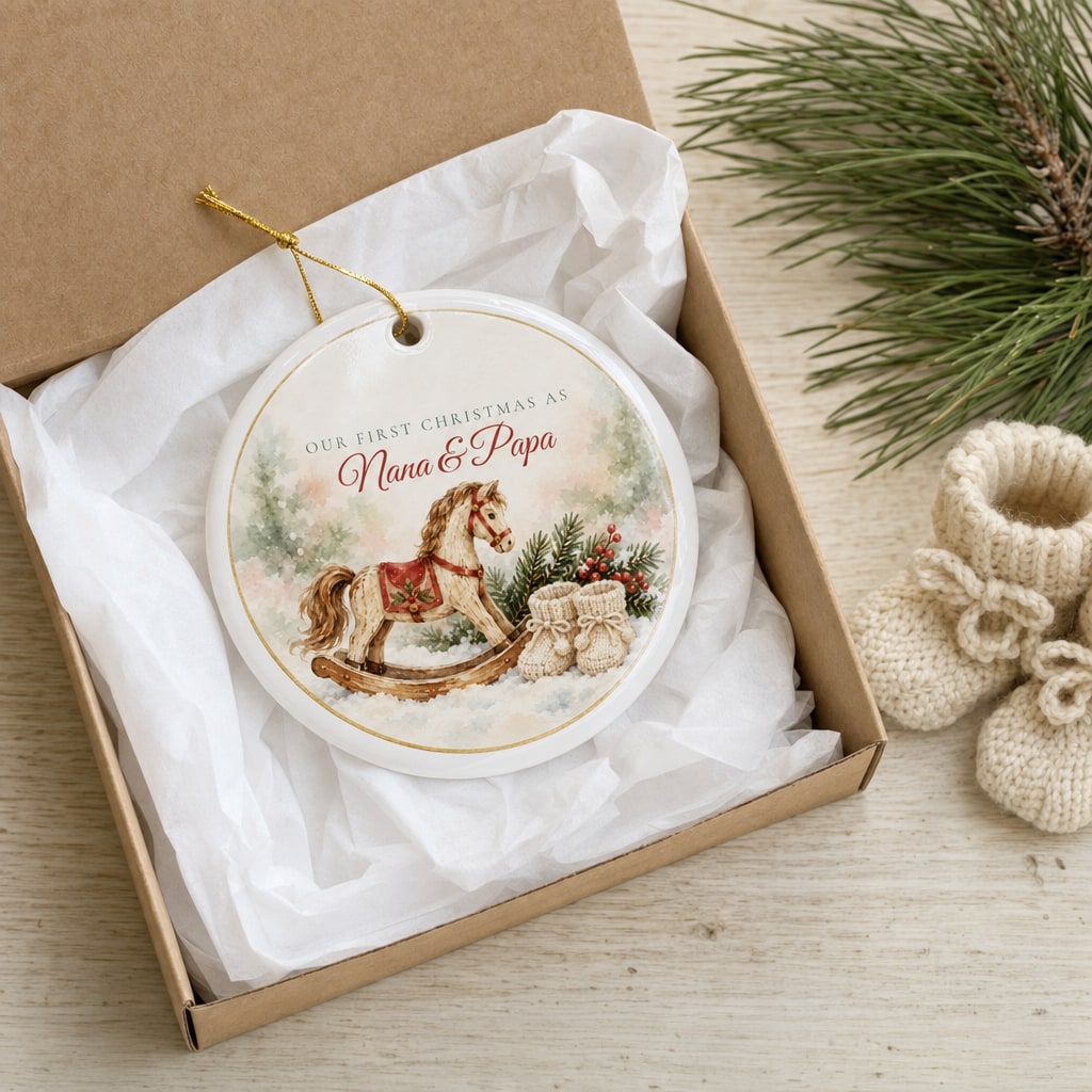 Our First Christmas as Grandparents ornament in a gift box with baby booties