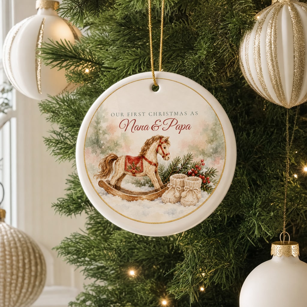 Our First Christmas as Grandparents ornament on a Christmas tree
