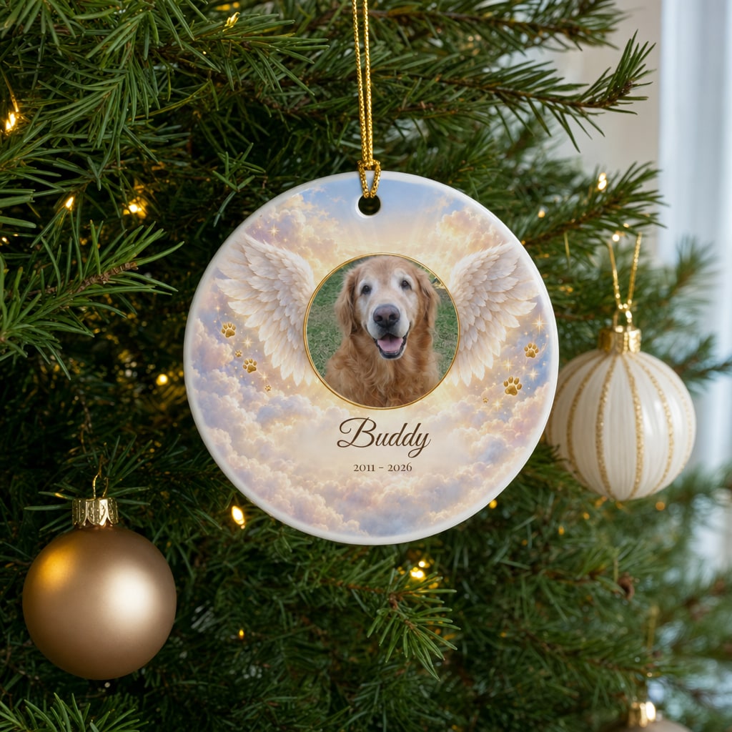 Pet memorial photo ornament on a Christmas tree