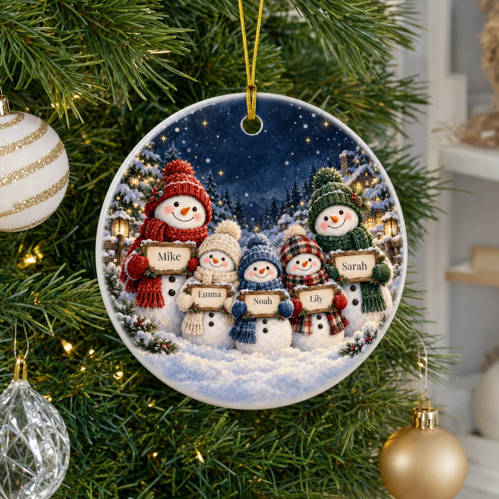 Snowman family personalized ornament on a Christmas tree